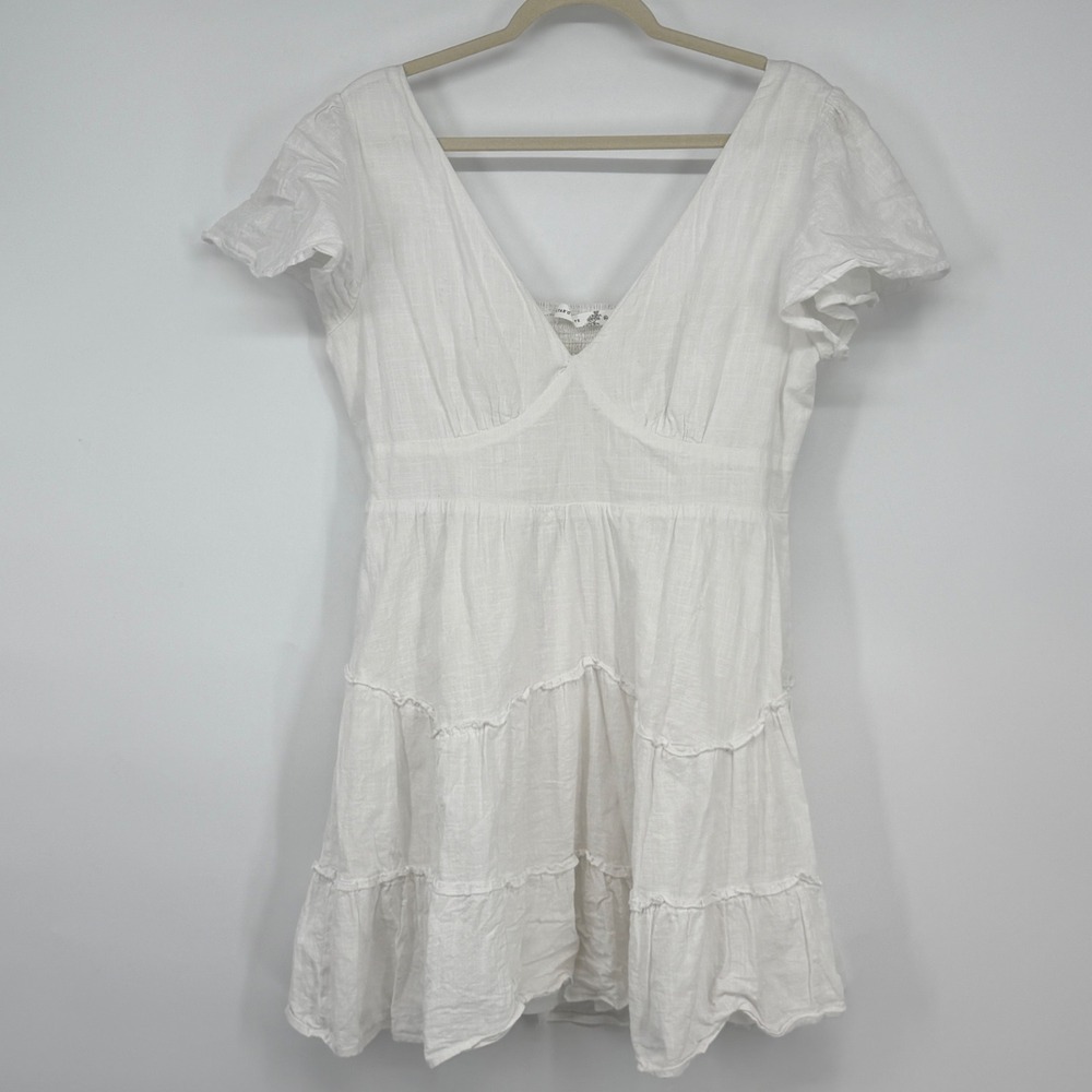 Altar'd State White Cotton Tiered Mini Dress V-Neck Flutter Sleeve XL Coquette
